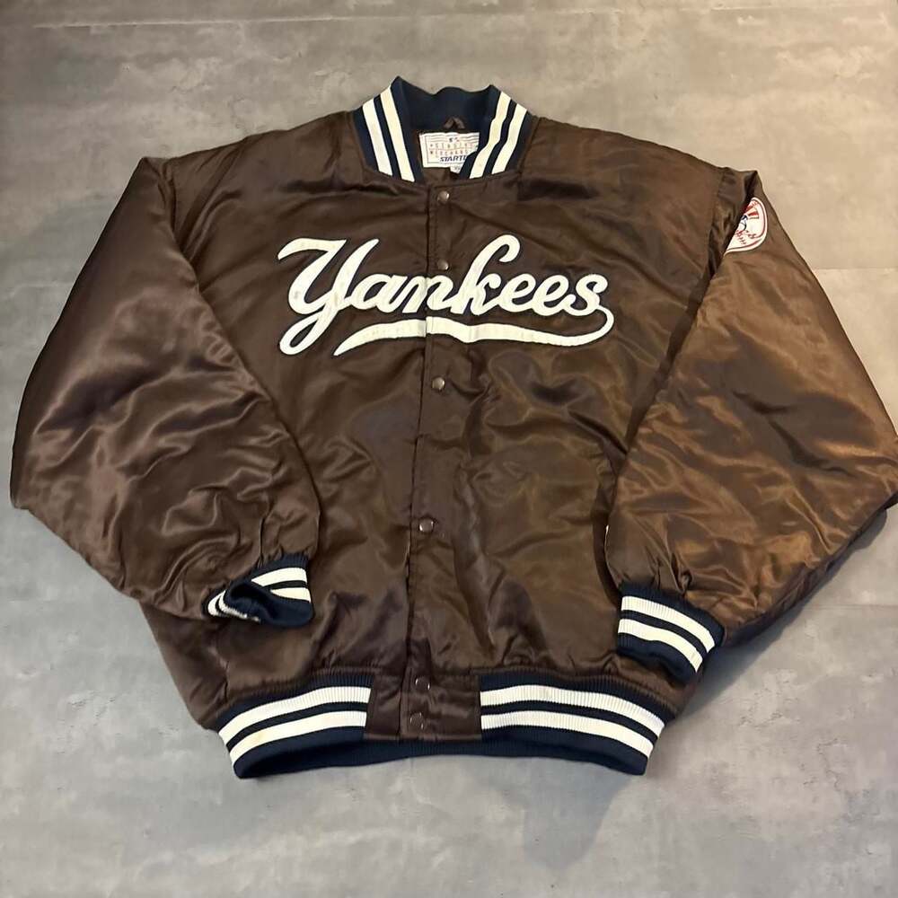 Vintage Starter New York Yankees Brown Satin Varsity Jacket Size 2XL